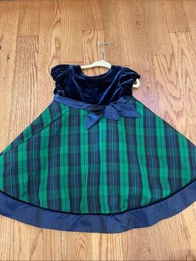 Good Lad Navy Velvet Bodice with Green Tartan Skirt Dress